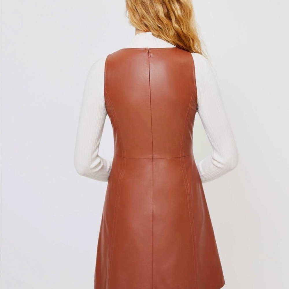 Ann Taylor Loft Cognac Brown Sleeveless Faux Leather Flare Dress - Size 12 - Picture 2 of 12